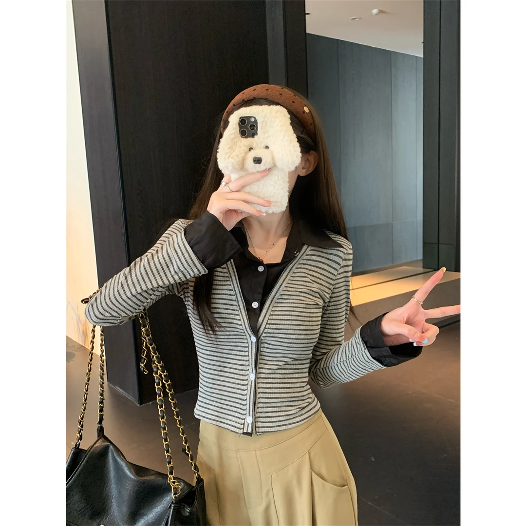 设计感高级感灰辣妹韩版假两件拼接条纹Polo衬衫领长袖T恤上衣秋
