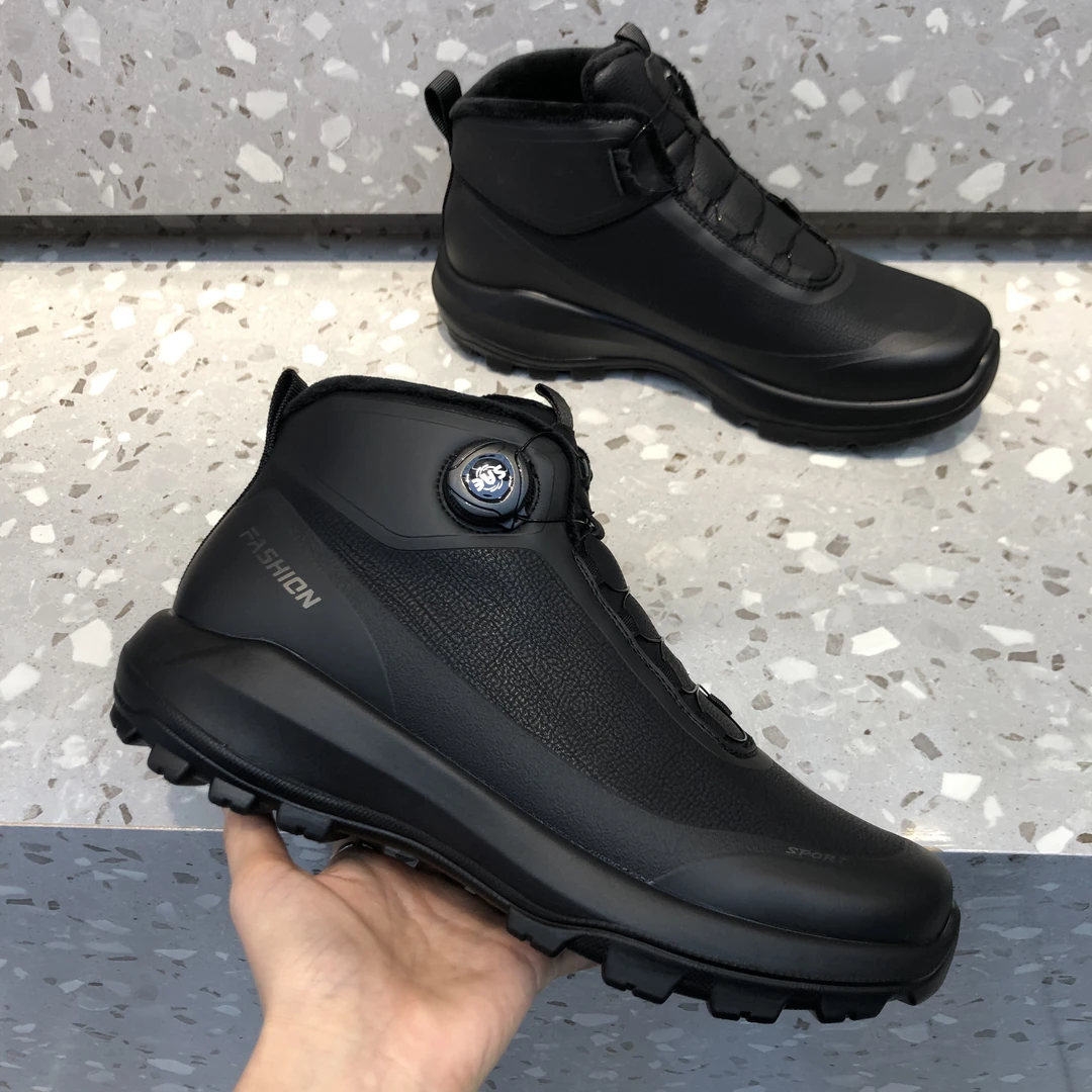 厚底防泼水男鞋加绒冬季高帮男士厚底纽扣休闲皮鞋加棉鞋男款