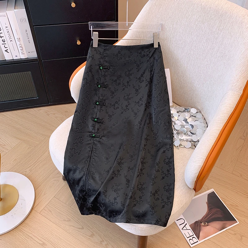 国风复古盘扣百搭高腰开叉包臀裙新中式提花后背隐形拉链半身裙女