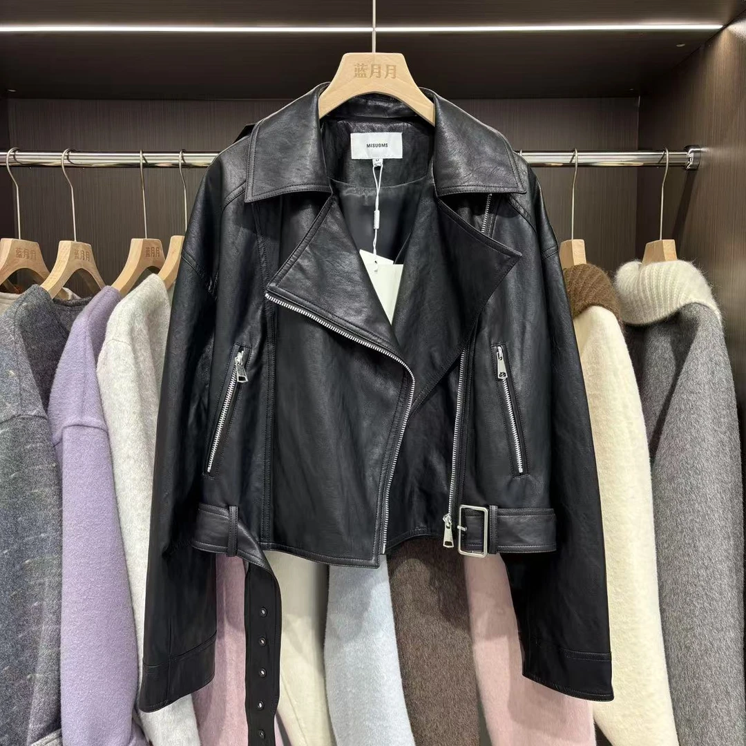 24255秋季新款时尚翻领拉链机车皮衣宽松外套女
