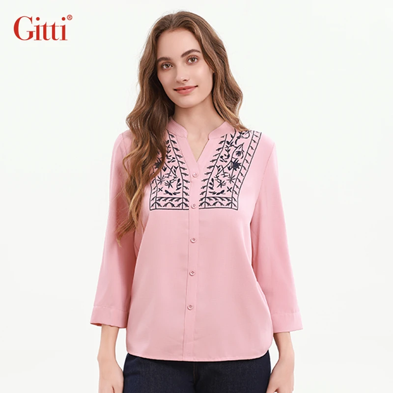 Gitti/吉蒂剪刀领刺绣七分袖衬衫女宽松大码绣花中袖衬衣G255021