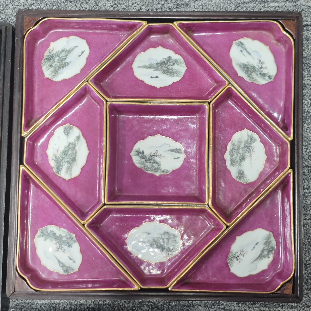 民 胭脂红山水九攒盘古陶瓷GS-1205-口径28.8 高度9