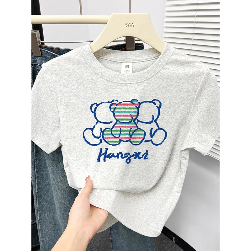 韩系设计感减龄洋气正肩短袖t恤女夏新款小个子大码休闲百搭上衣