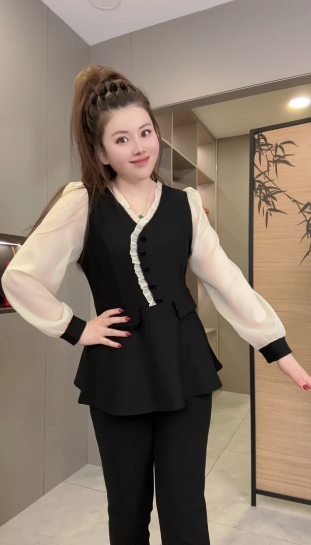 【婷婷】2025春季新款时尚修身洋气甜美优雅1525米色袖子显瘦套装
