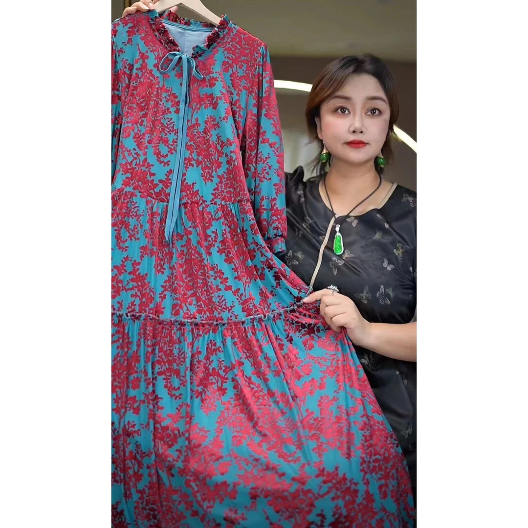 法式长袖气质收腰显瘦遮肉连衣裙T1243