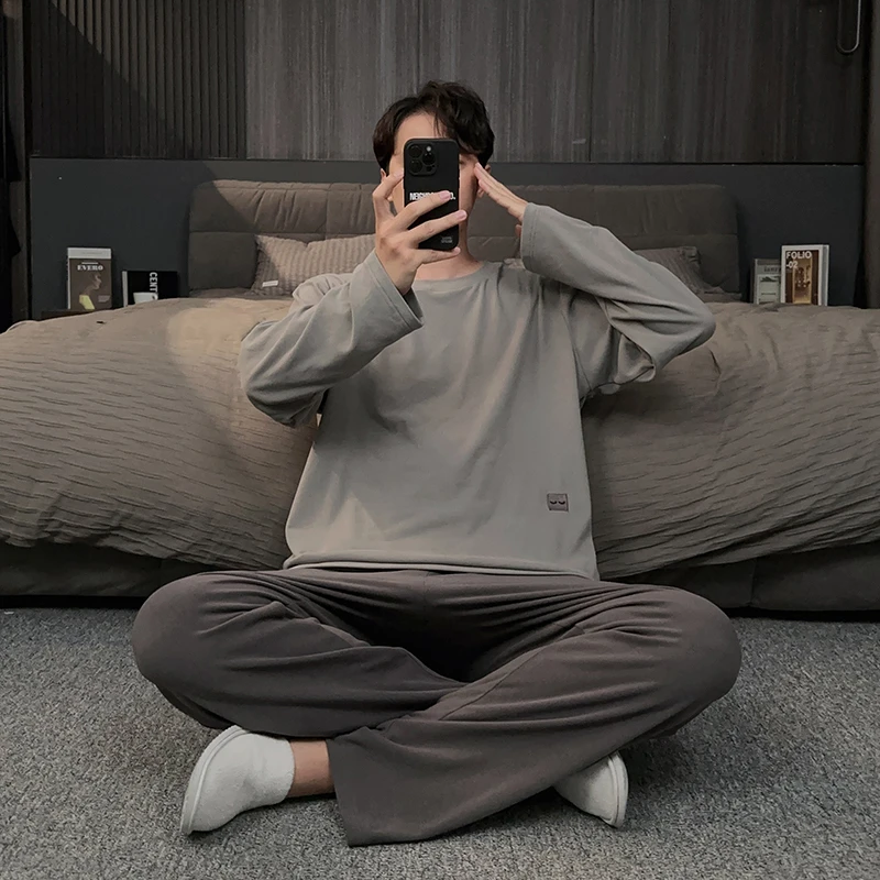 秋冬季男士睡衣德绒保暖加绒长袖圆领大码可外穿家居服春秋款套装