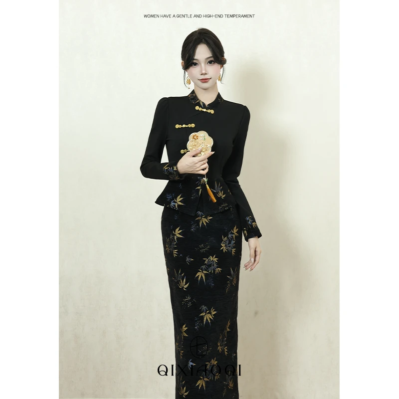 七小七Sicily【竹梢金蕴】新中式国风黑色收腰显廋假两件设计感长裙