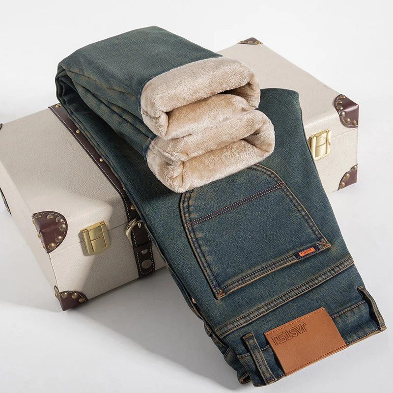 路约威格高端品质冬季加绒加厚牛仔裤男款直筒休闲百搭保暖长裤子