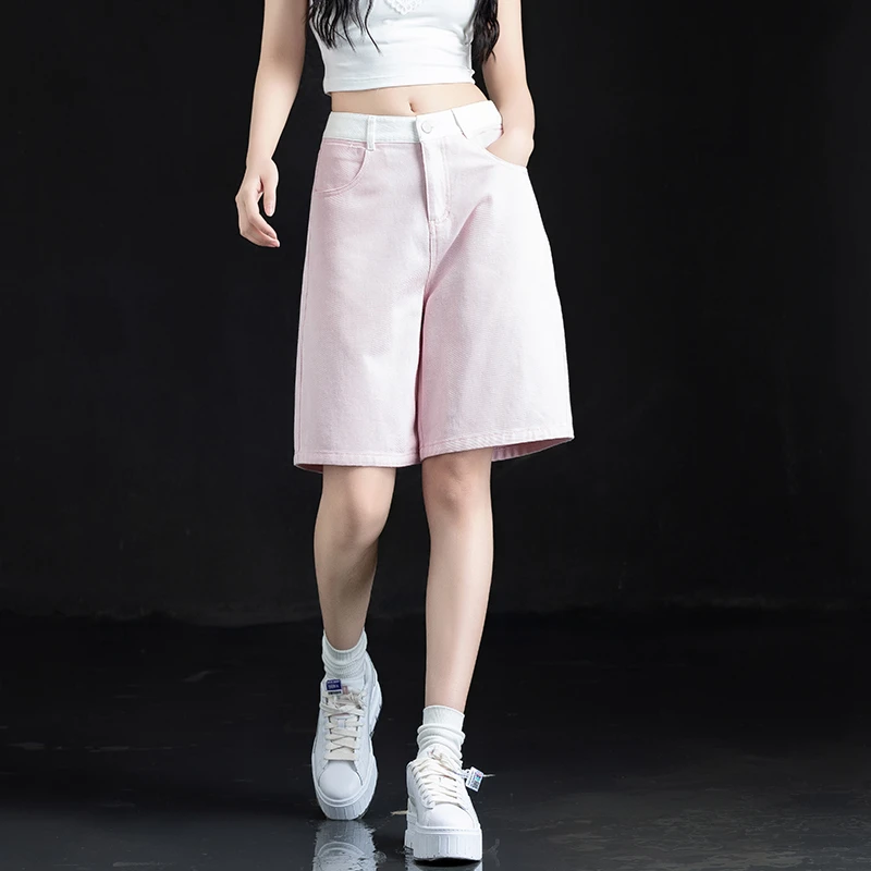 粉色撞色休闲短裤女2025新款爆款外穿牛仔五分裤夏季直筒5分中裤