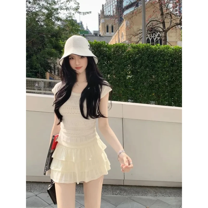 韩系女士时尚夏装纯欲镂空针织短袖上衣小个子高腰甜美蛋糕短裙子