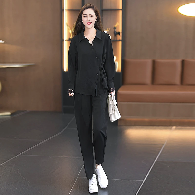 2025春秋简约气质大码两件套女装时尚休闲宽松显瘦蕾丝花边套装