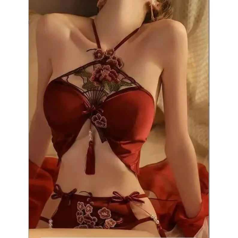 【敏敏】性感睡裙红色薄款女士情侣战袍纯欲蕾丝夏季纯欲国风睡衣
