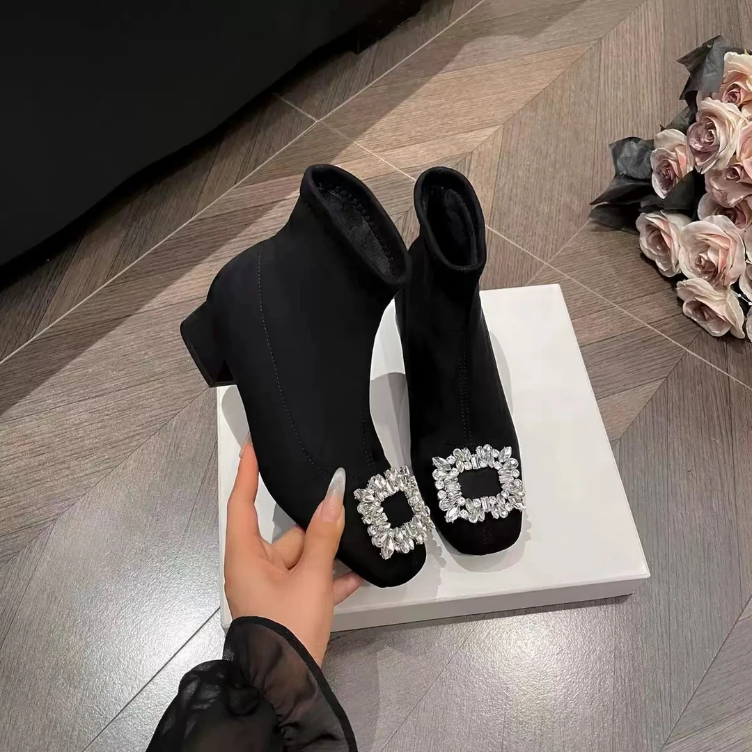 耐磨厚款粗跟水钻冬季弹力靴袜靴秋季黑色秋冬轻奢