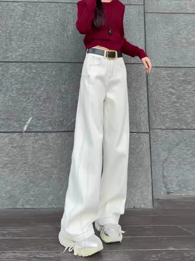 白色弯刀牛仔裤女2025春夏新款大码梨型身材高腰宽松显瘦阔腿裤子