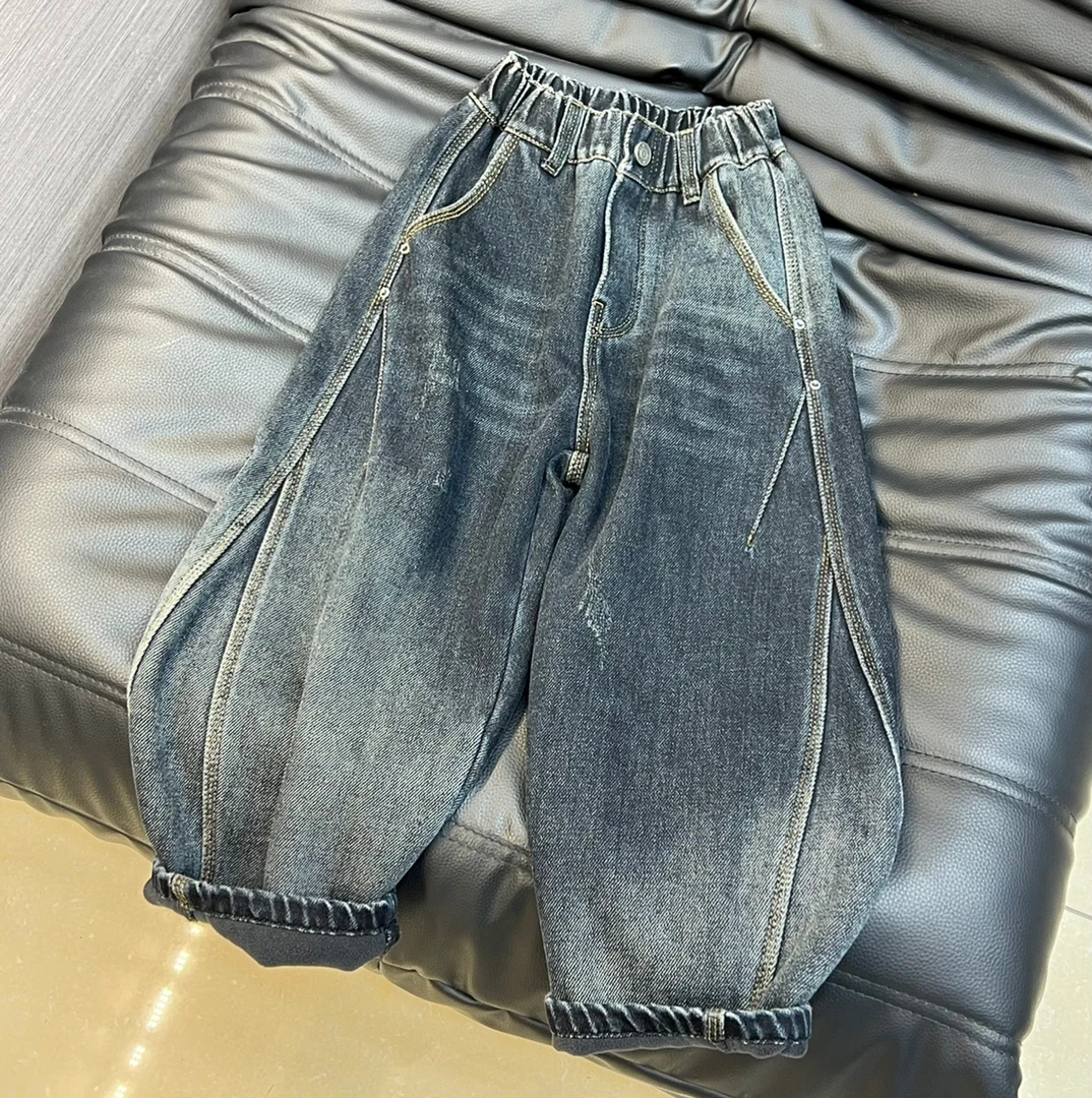 男童加绒牛仔裤2025年冬新款中大男童美式做旧弯刀裤百搭加绒长裤