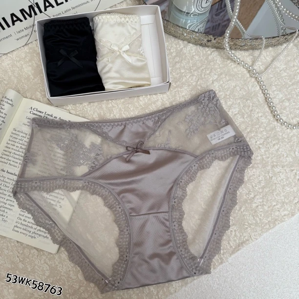 秋冬新款女士轻奢透气法式蕾丝中腰镂空网纱包臀三角内裤8763满天