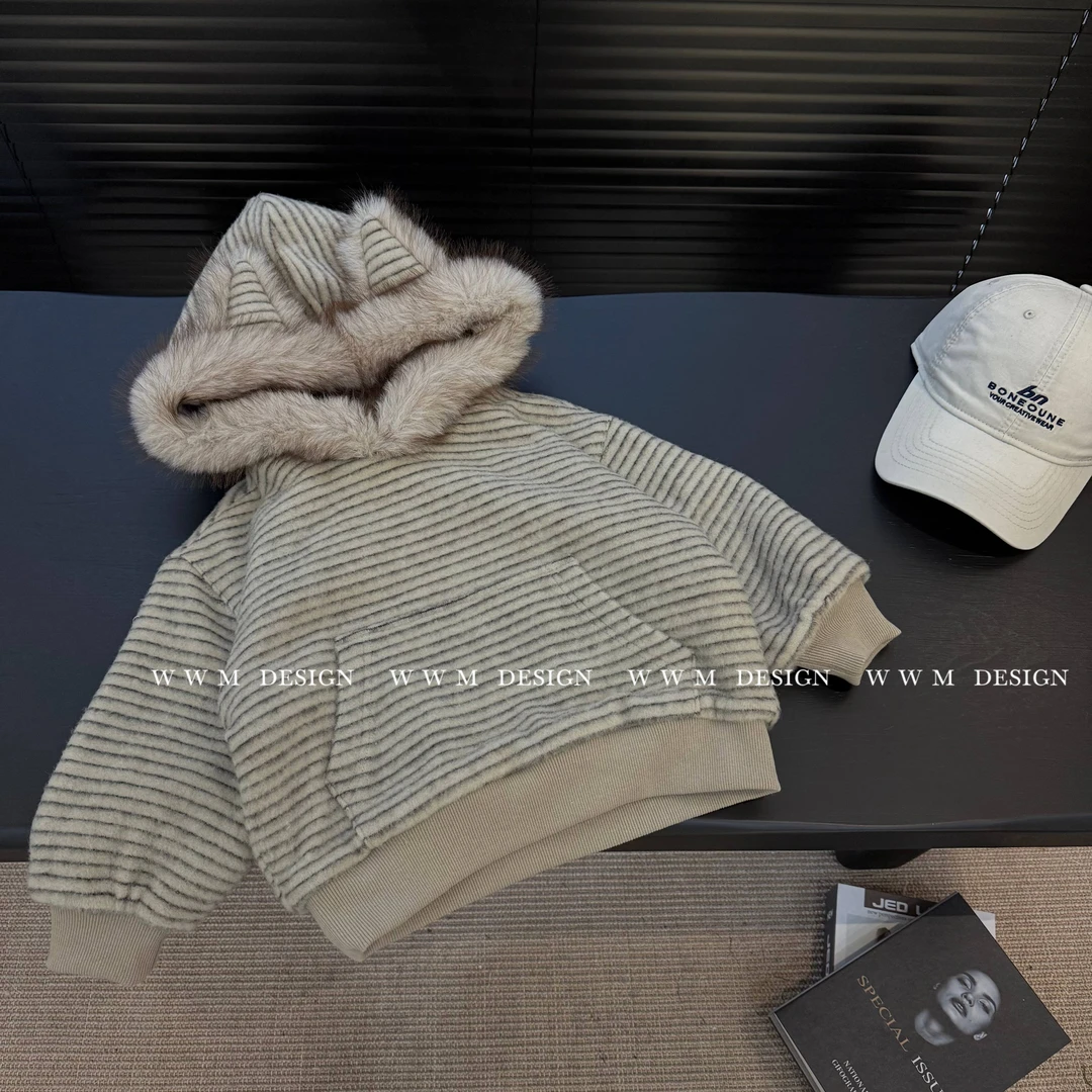 【现货】冬季新款条纹连帽加绒卫衣慵懒宽松宝宝上衣男女童