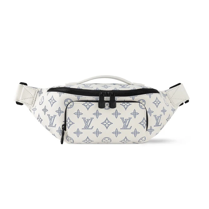 99新 LV 99新LV限量款8363白色牛皮拼蓝色老花Rush男包腰包斜挎包