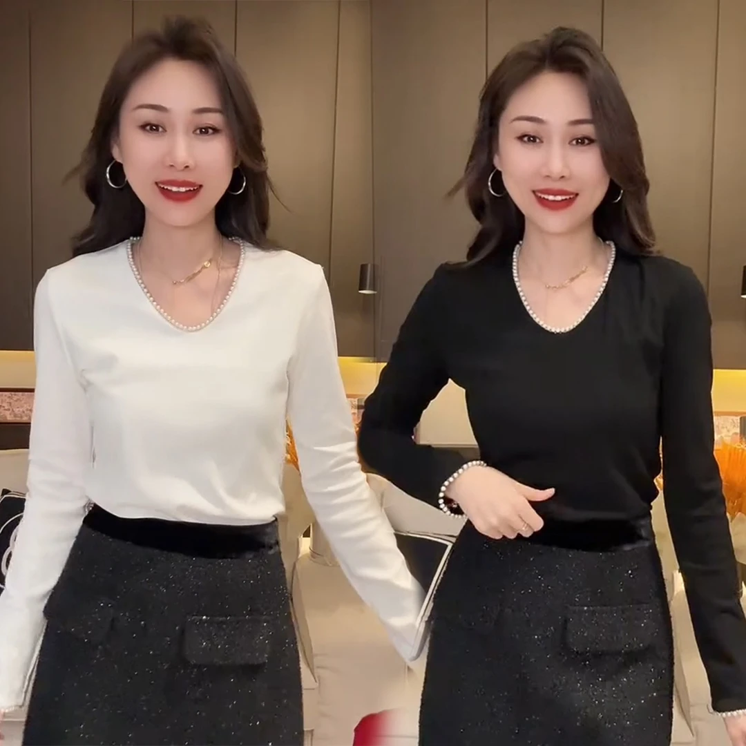 网红洋气珍珠领纯色打底衫女冬季新款欧货白色小衫长袖T恤上衣潮