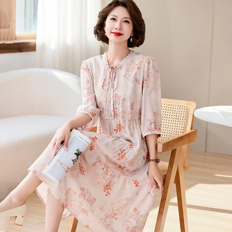 真丝桑蚕丝印花碎花甜美式松紧腰连衣裙洋气减龄裙子时尚夏装收腰