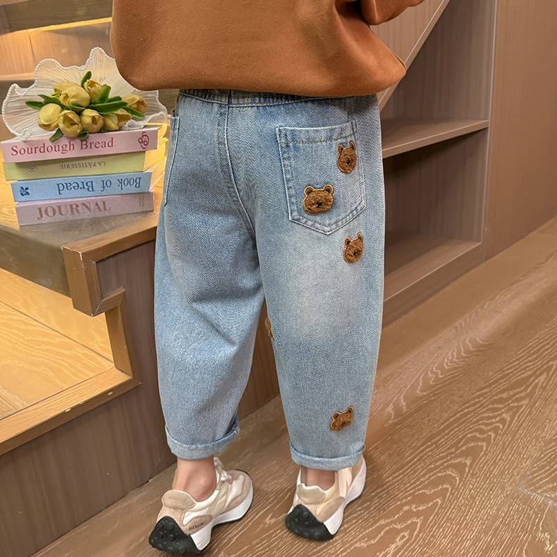 女童小熊牛仔裤洋气儿童春秋装新款韩版女宝宝休闲裤子老爹裤小童