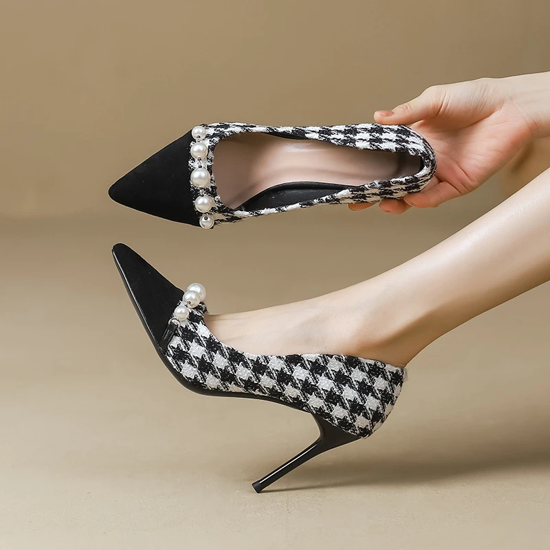 千鸟格毛毛高跟鞋女2025新款9cm细跟百搭职业气质名媛尖头单鞋女