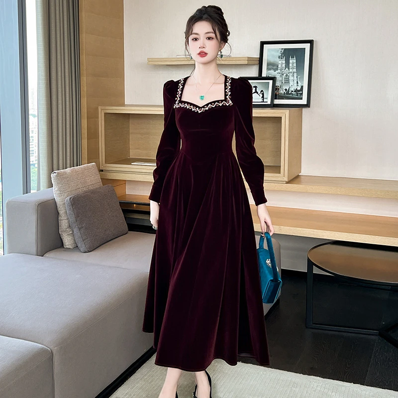 【时时定制】订婚敬酒服女装法式方领安哥拉红丝绒连衣裙80306
