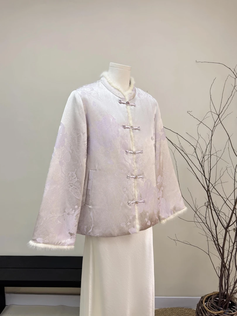 新中式提花真水貂毛羽绒服
