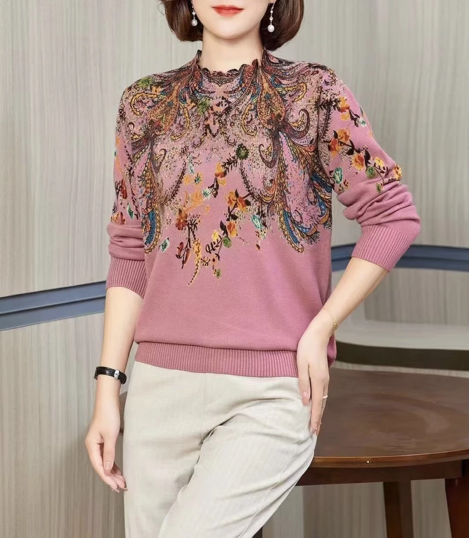 T672设计师手绘凤针织时尚洋气冬季套头上衣妈妈装
