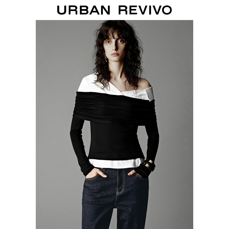 UR2025秋季新款女装假两件拼接斜肩领长袖T恤UWG450205+