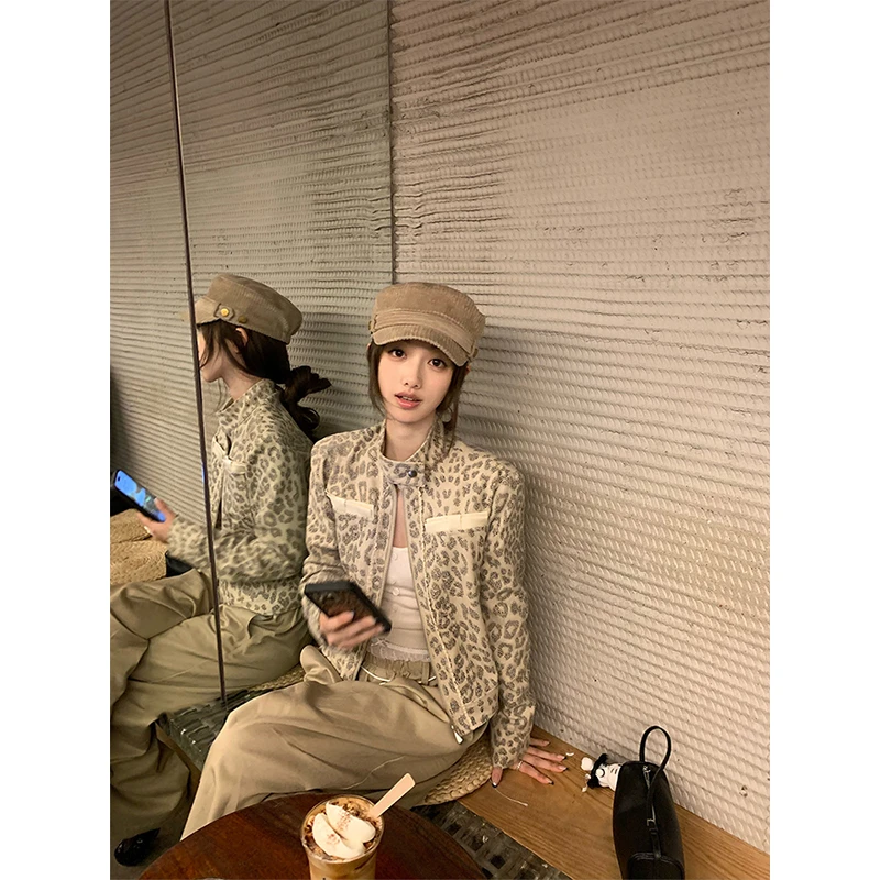 美式复古小众定染豹纹印花立领外套女秋季爆款高街设计感短款夹克