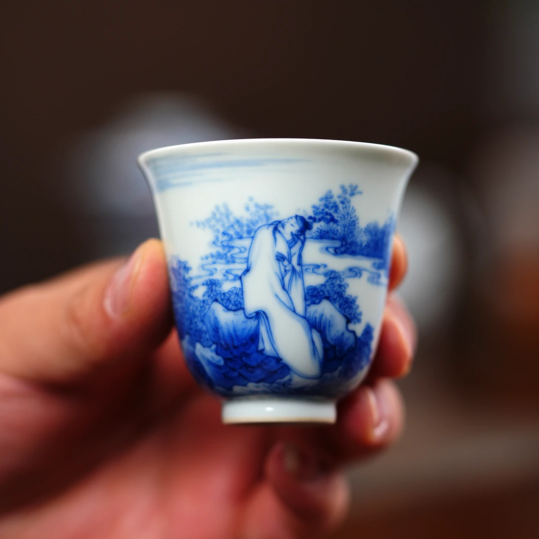 天心雅器青花太白望月主人杯纯手工手绘品茗杯单杯