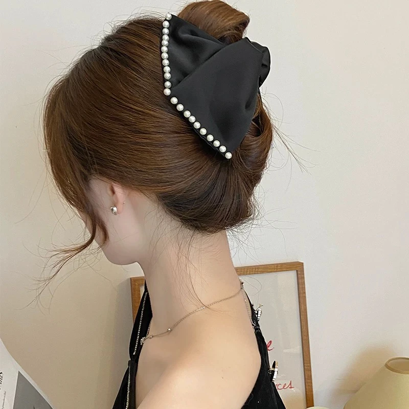 A215 法式布艺钉珍珠简约抓夹蝴蝶百搭复古气质时尚发卡鲨鱼发夹