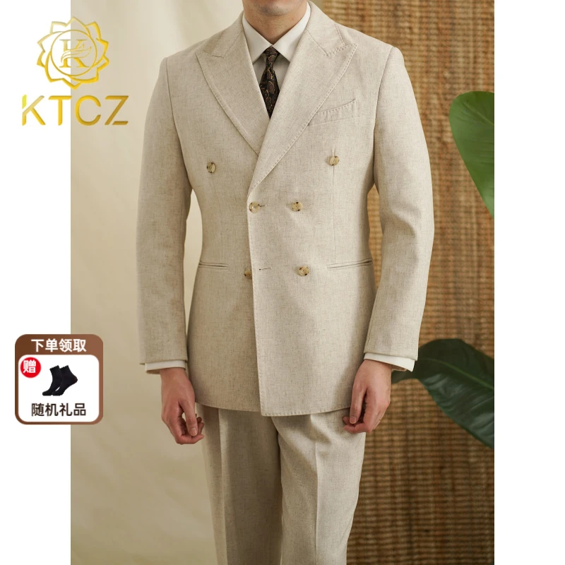 KTCZKTCZ意式亚麻西服套装男士休闲通勤宴会创驳领西装新郎结婚礼