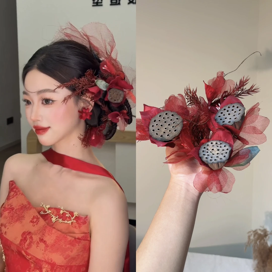 T7078新中式红色小众莲蓬造型新娘晨袍礼服