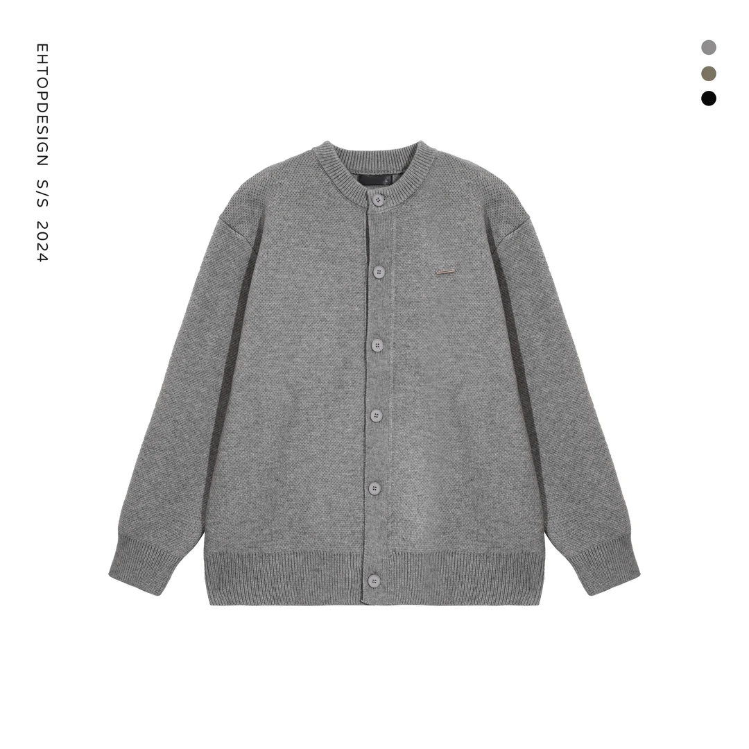 86788秋季复古棒球领纯色男女同款宽松休闲潮流百搭毛衣外套 ka