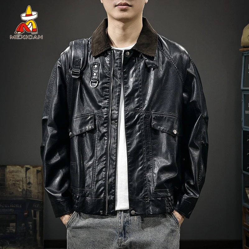 Mexican/稻草人秋季新款老钱风PU皮衣男款宽松美式休闲皮夹克外套