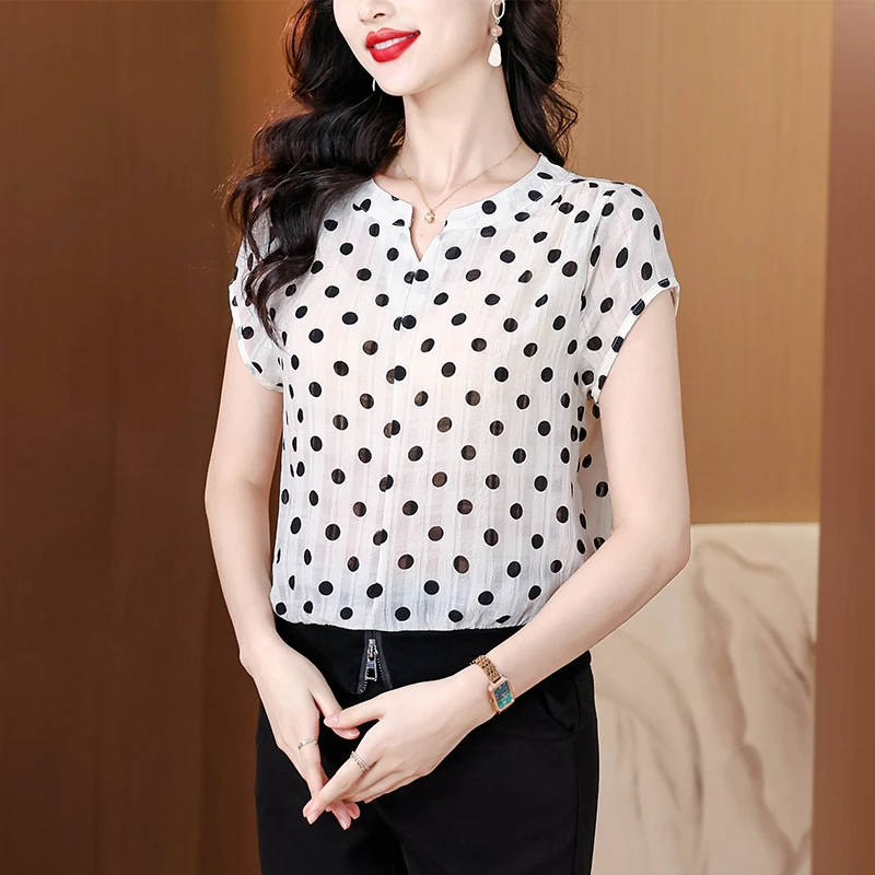 轻奢撞色圆点洋气减龄雪纺小衫233