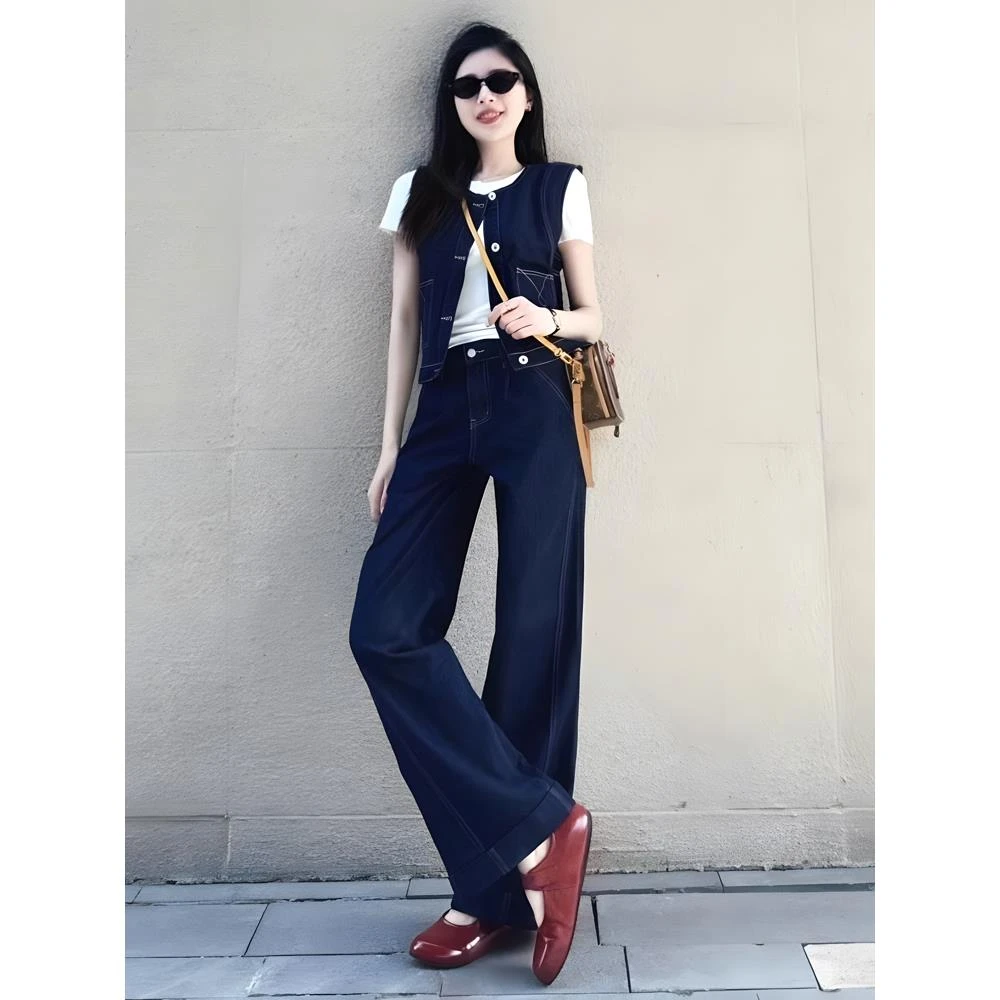 夏日穿搭一整套干练气质轻奢高级感大方得体蓝色牛仔马甲两件套装