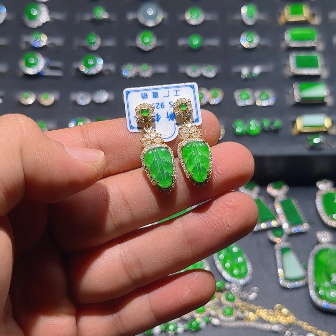 翡翠银S925镀金镶嵌耳饰