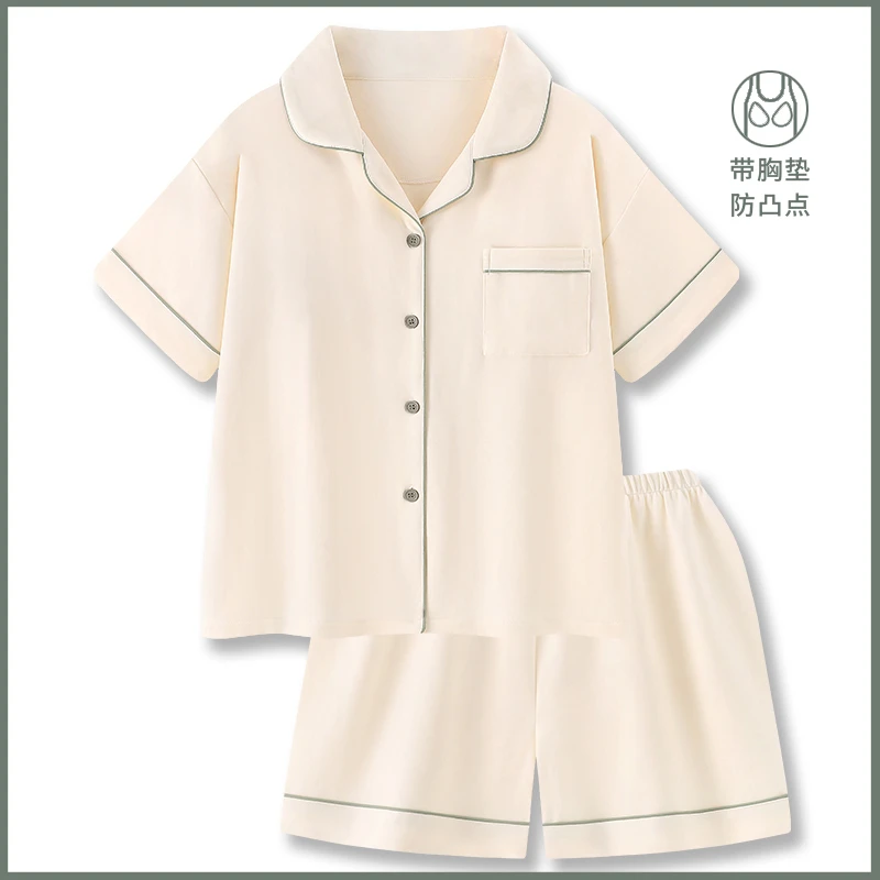 〖云朵奶绿〗纯色睡衣女夏季新款带胸垫纯棉短袖套装可外穿家居服