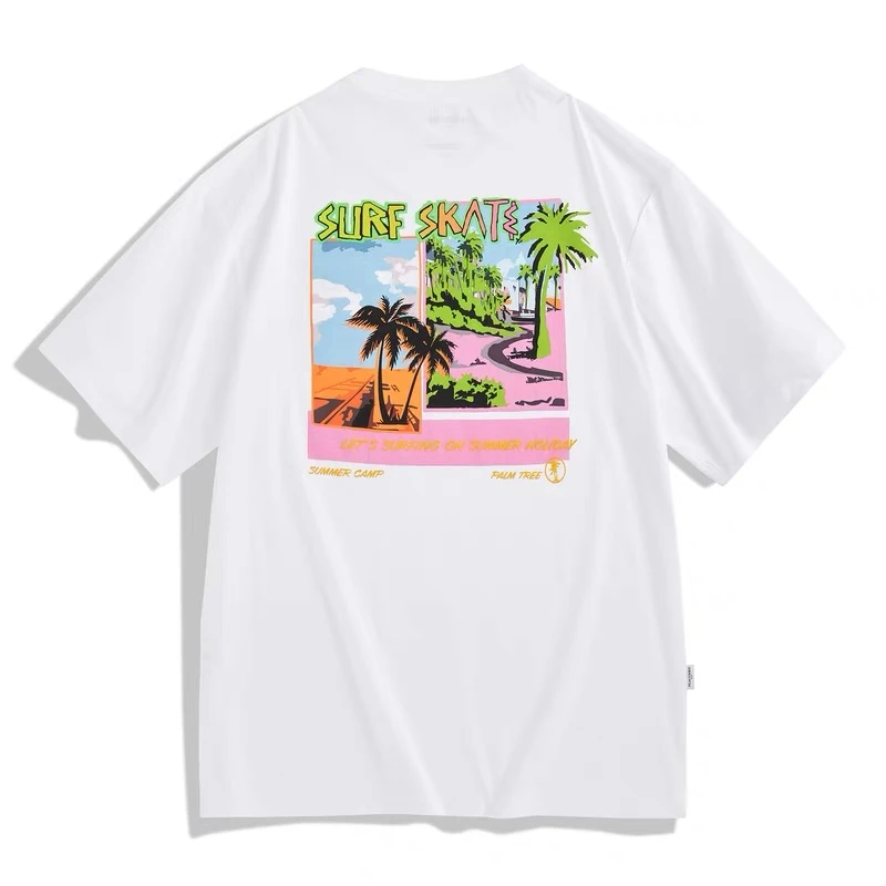 【PB剪标】A007西西里椰树图案印花男士白色T恤 春夏新品