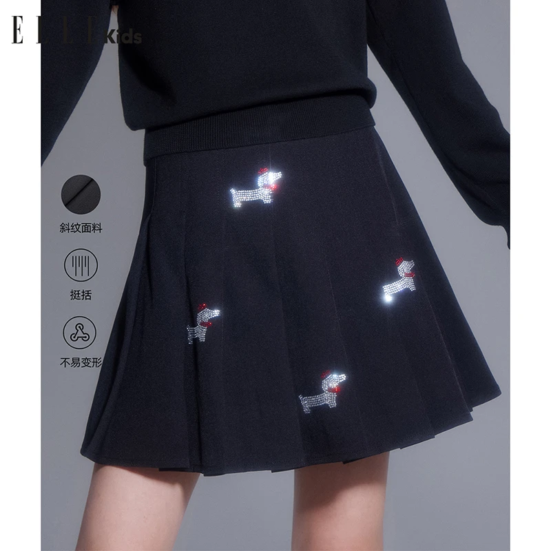 ELLE KIDS童装秋季时尚百搭显瘦洋气印花小狗系列烫钻百褶半裙Q3