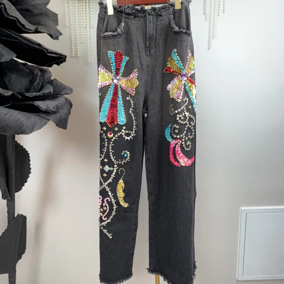 W1051锐宝潮牌灰黑色毛边亮片宽松牛仔裤