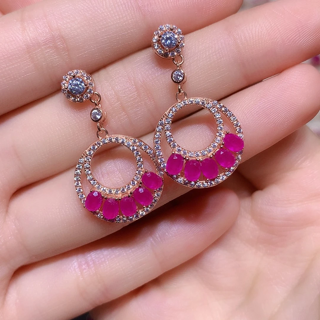 耳饰银S925镶嵌红宝石