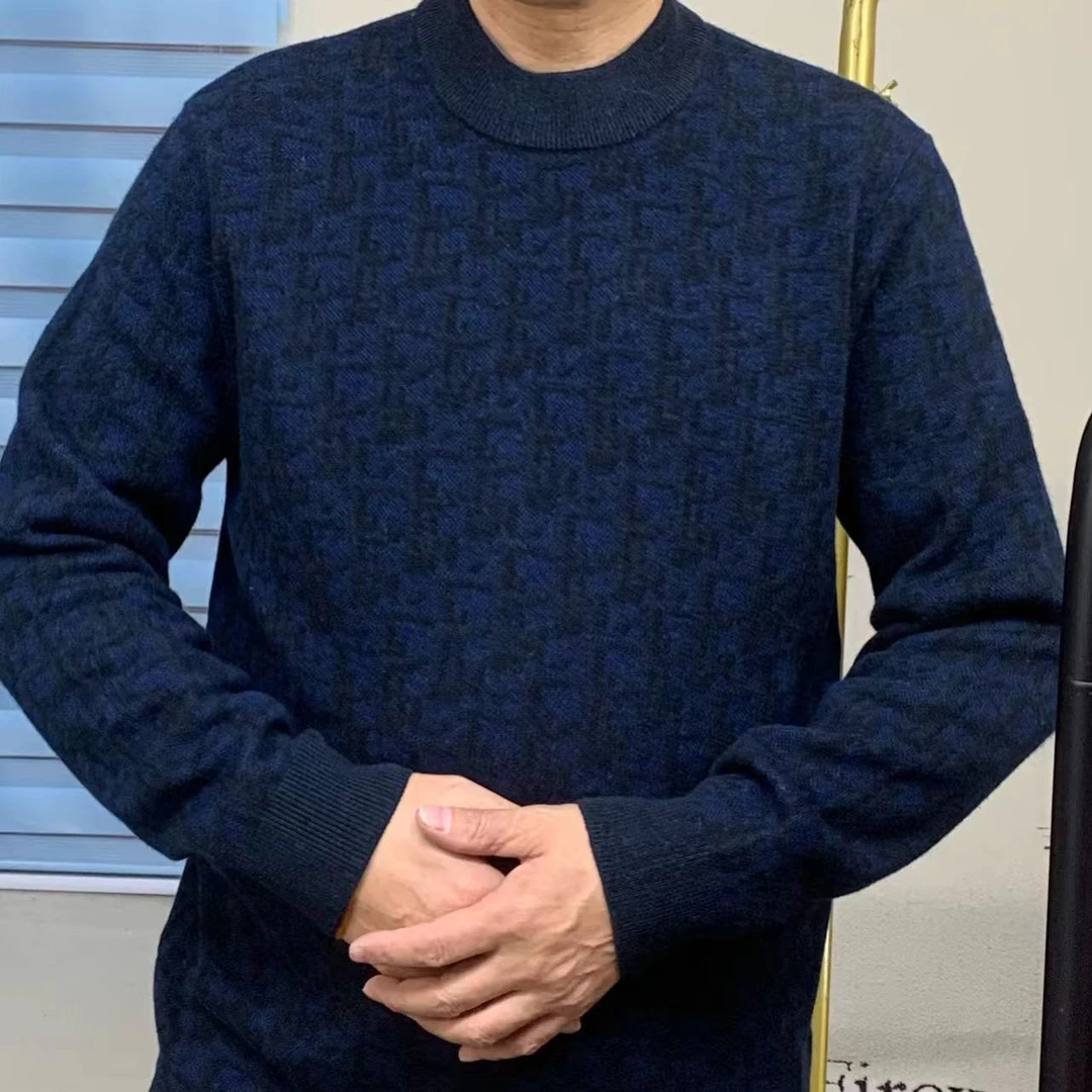 100%羊毛衫提花男装男士长袖针织时尚休闲保暖圆领百搭加绒加厚