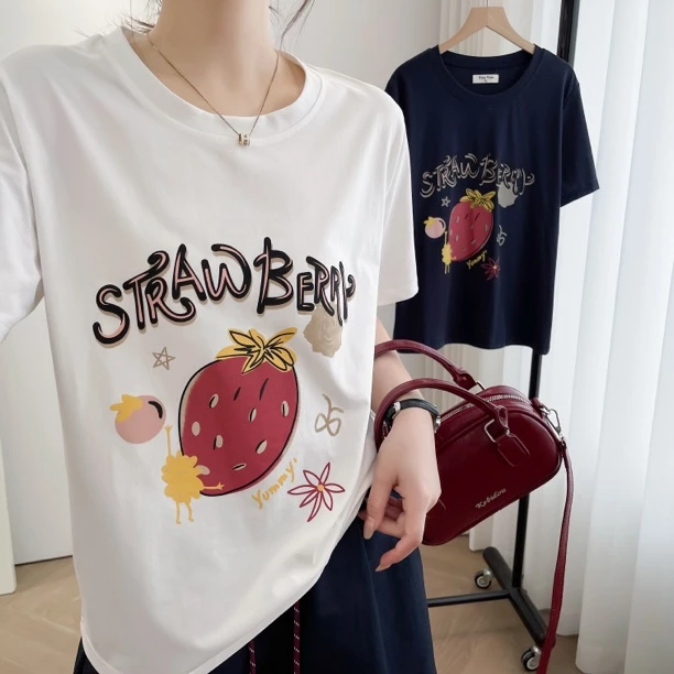 大码显瘦短袖卡通字母印花T恤女2025年夏季新款宽松百搭休闲上衣