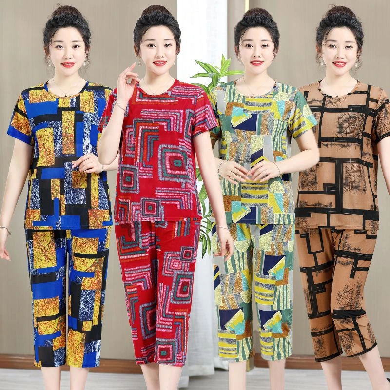 妈妈睡衣爆款夏装中老年人妈妈装夏季女装新款T恤套装奶奶装
