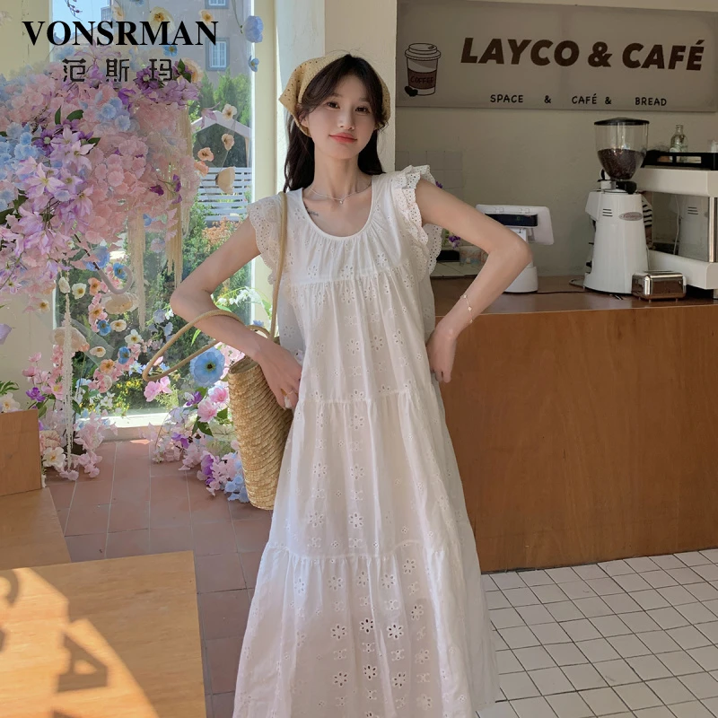 白色小飞袖连衣裙女2025夏季新款森系蛋糕裙法式镂空刺绣初恋长裙