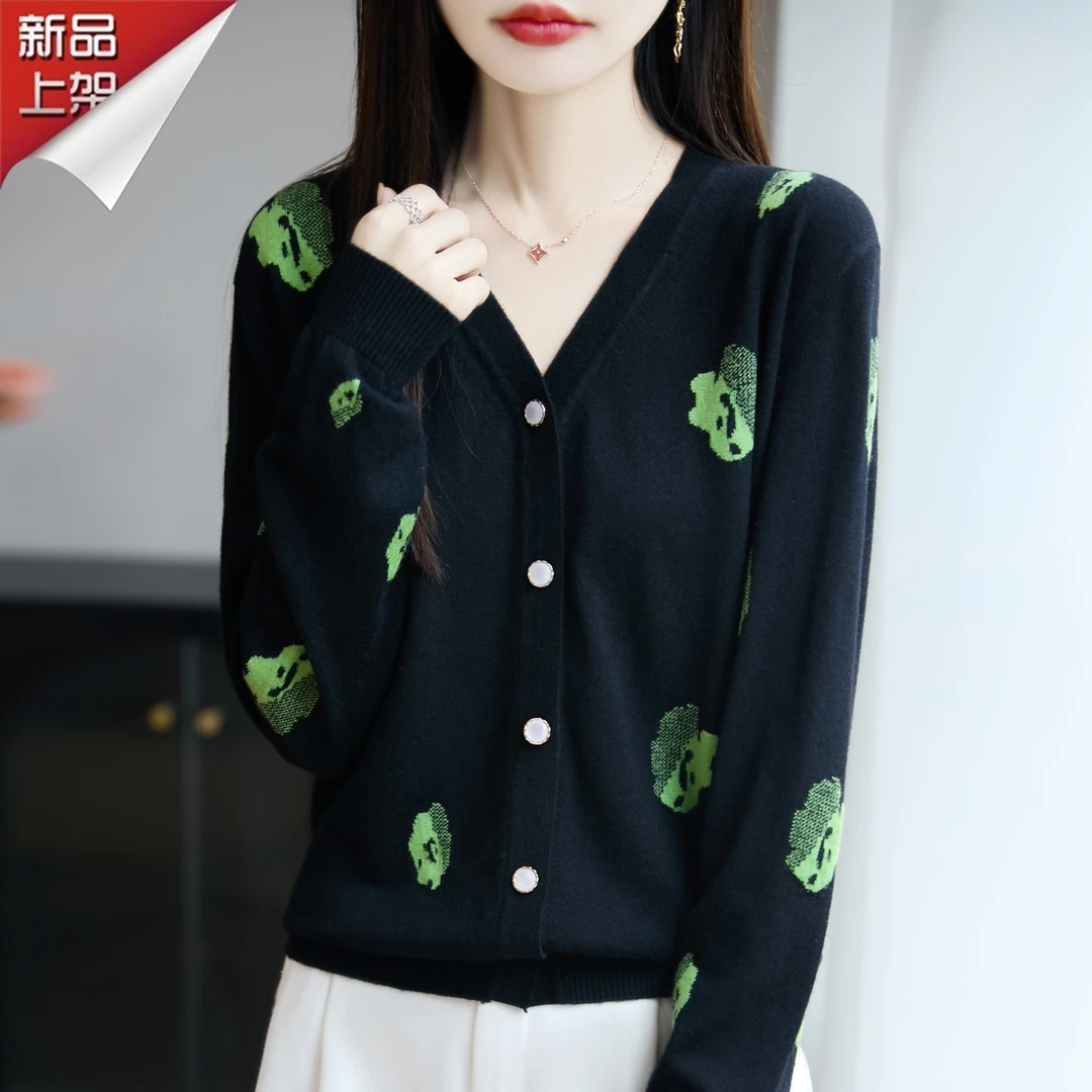 哥弟阿玛施正品春秋提花V领羊毛针织开衫女款显瘦百搭洋气长袖